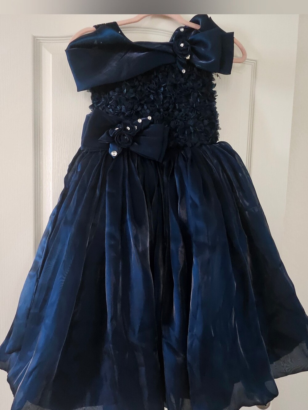 Navy Blue Girls Formal Party Dress Bow Floral Rhinestone